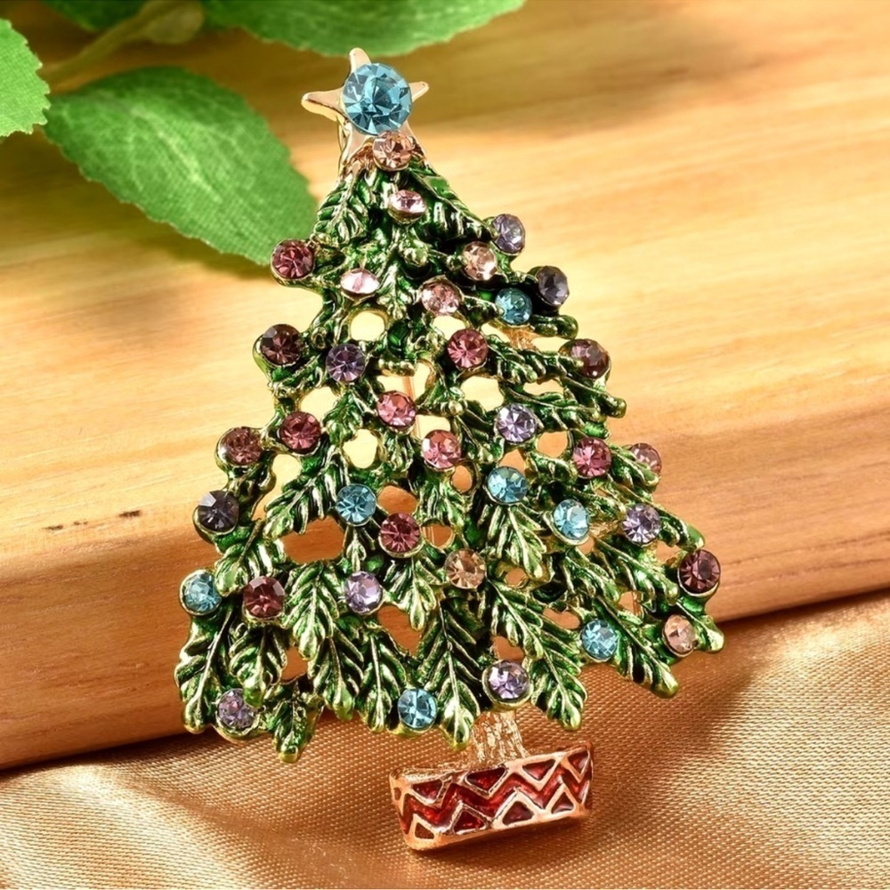 Betsey Johnson Festive Christmas Tree Brooch Blue  Colorful Rhinestones